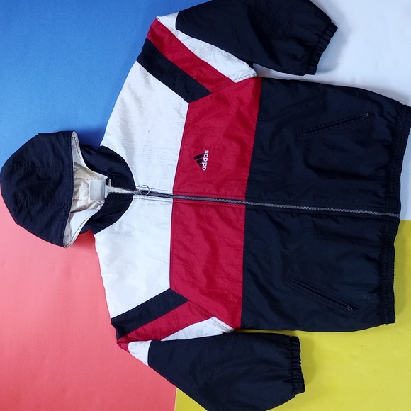 Vintage 90s Adidas Essential Striped Winter Jacket With Hood RED/White/BLACK - Picture 13 of 15